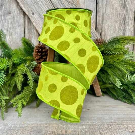 2.5" Lime Green Retro Dot, Farrisilk Ribbon, Flocked Ribbon,Halloween Ribbon,Wired RIbbon,Designer Ribbon