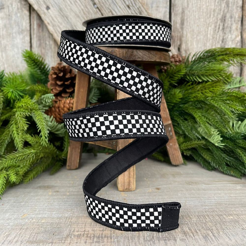 Black & White Checkered Wired Ribbon - Farrisilk Designer Ribbon, 1 Inch