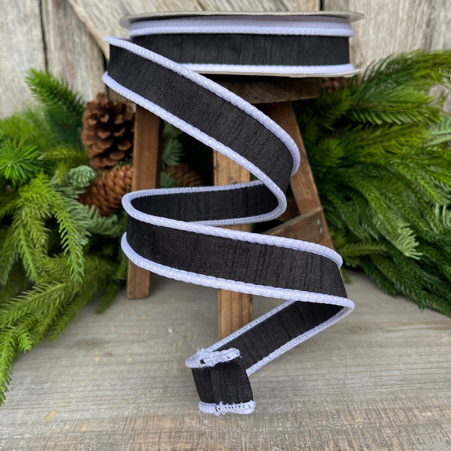 1" Black White Corded Ribbon, Farrisilk Ribbon, Wired Ribbon