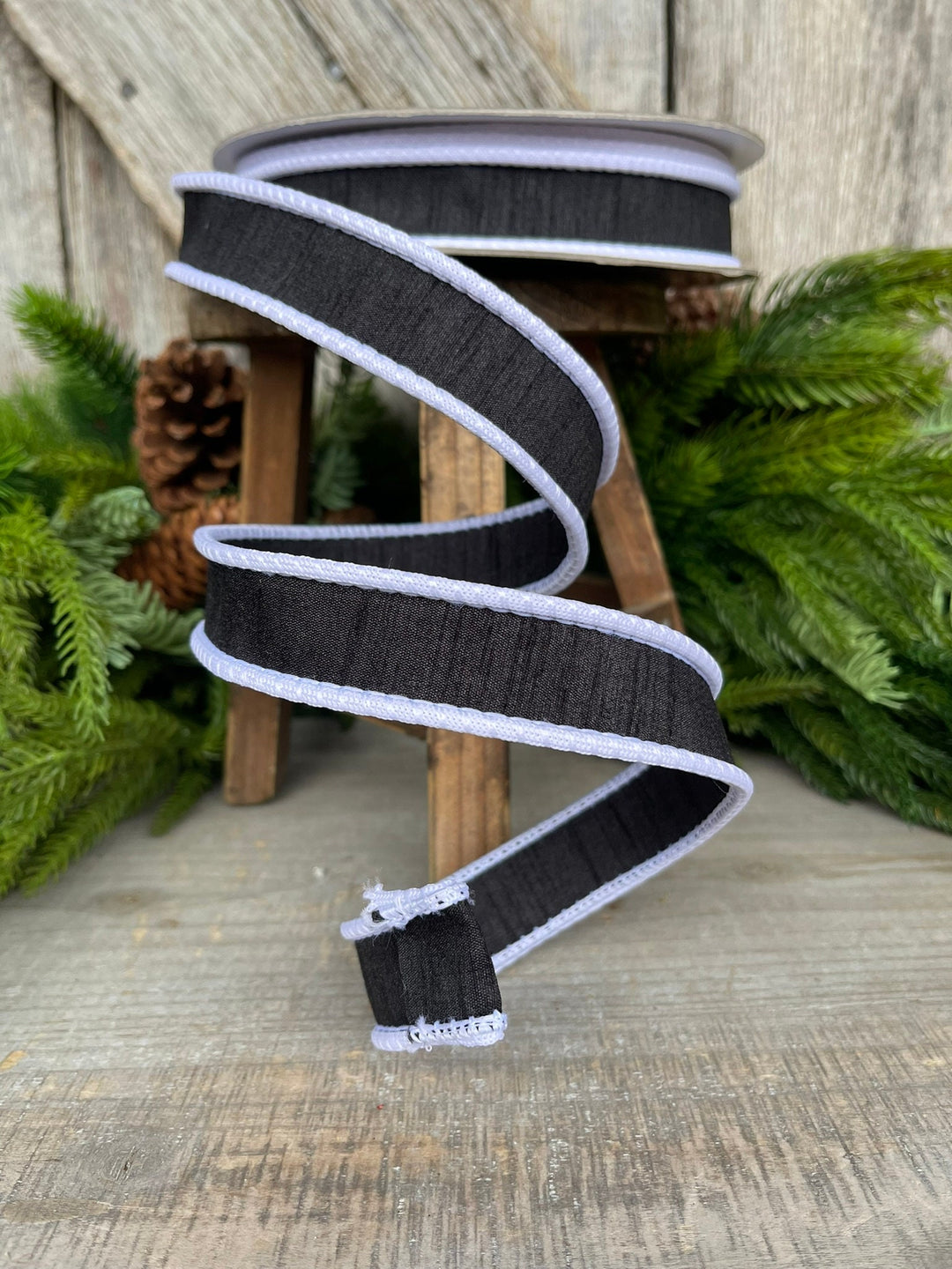 1" Black White Corded Ribbon, Farrisilk Ribbon