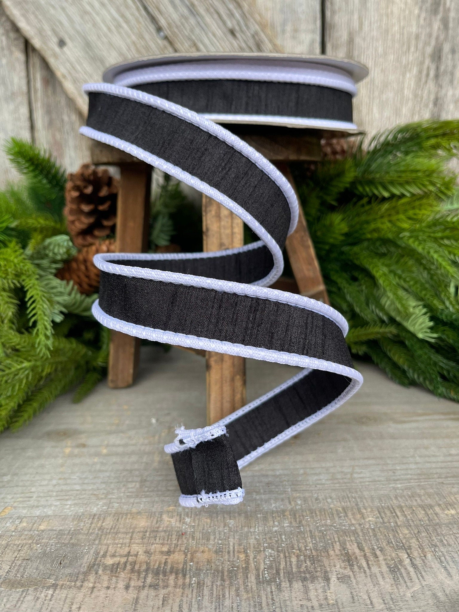 1" Black White Corded Ribbon, Farrisilk Ribbon, Wired Ribbon