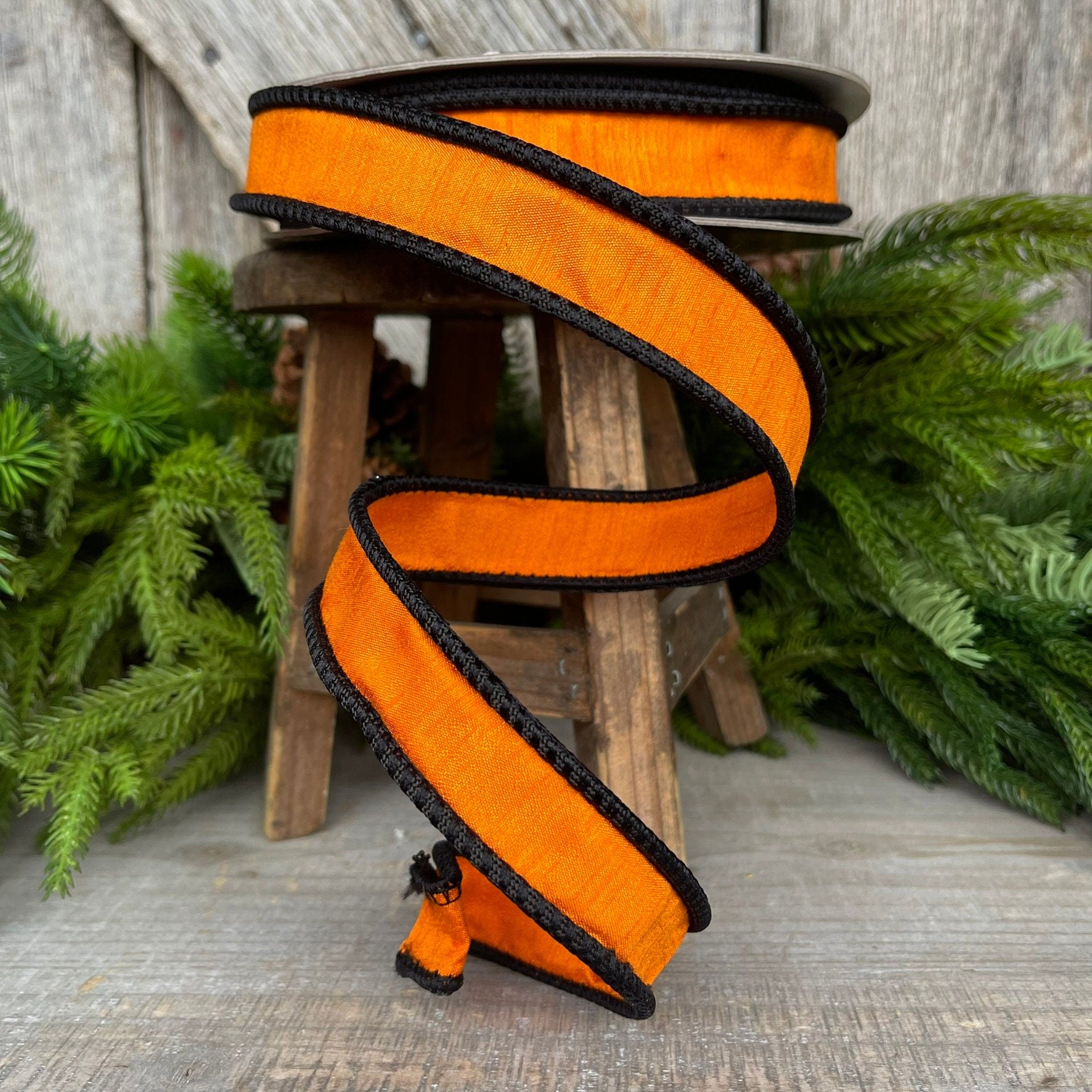 1" Black Orange Corded Ribbon, Farrisilk Ribbon, Wired Ribbon