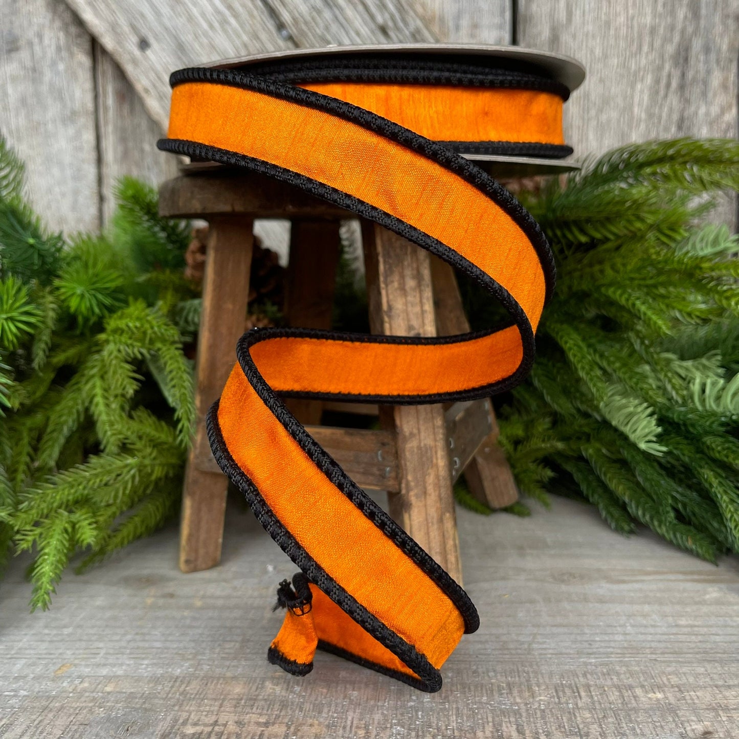 1" Black Orange Corded Ribbon, Farrisilk Ribbon, Wired Ribbon