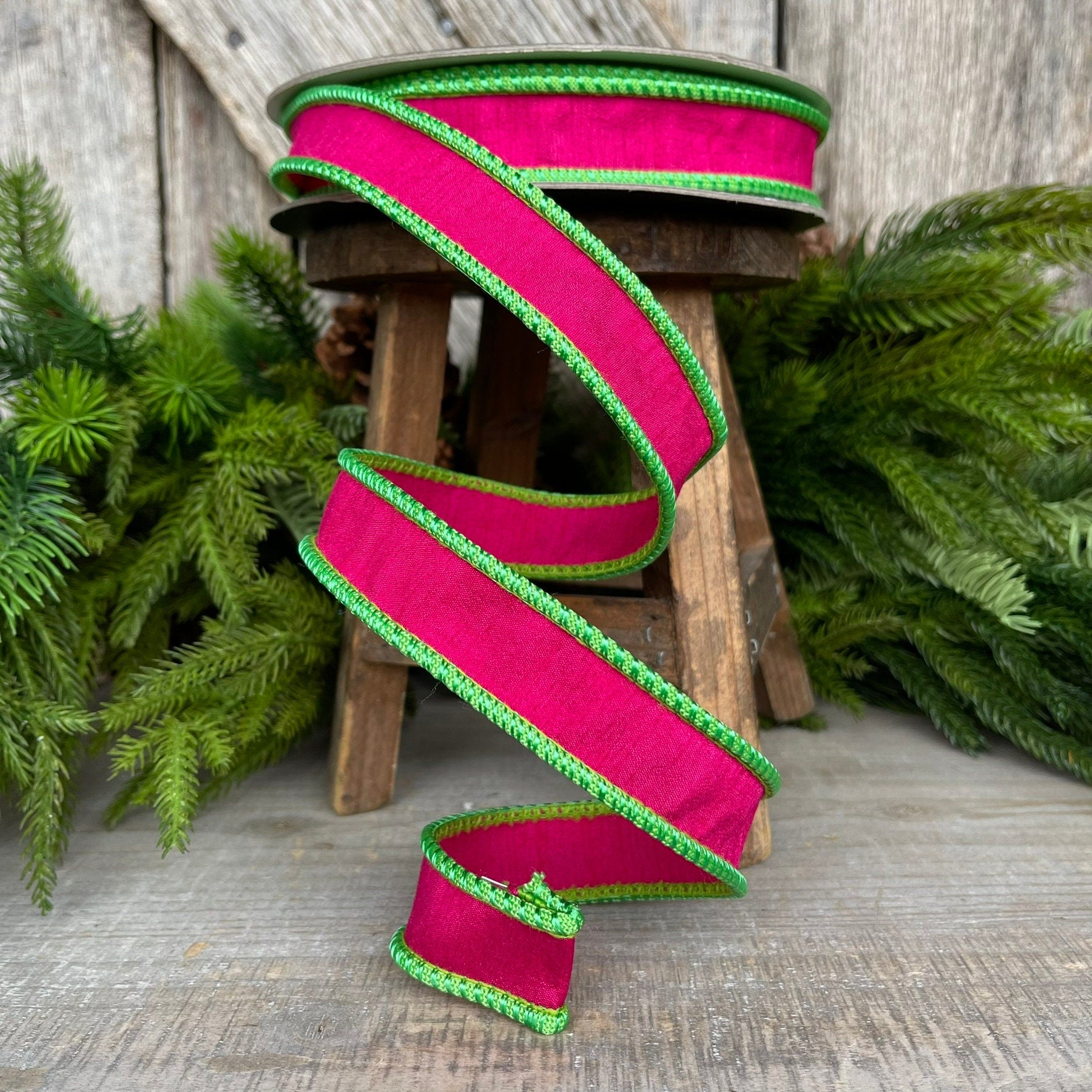 1" Pink Lime Green Ribbon, Farrisilk Ribbon, Hot Pink Ribbon