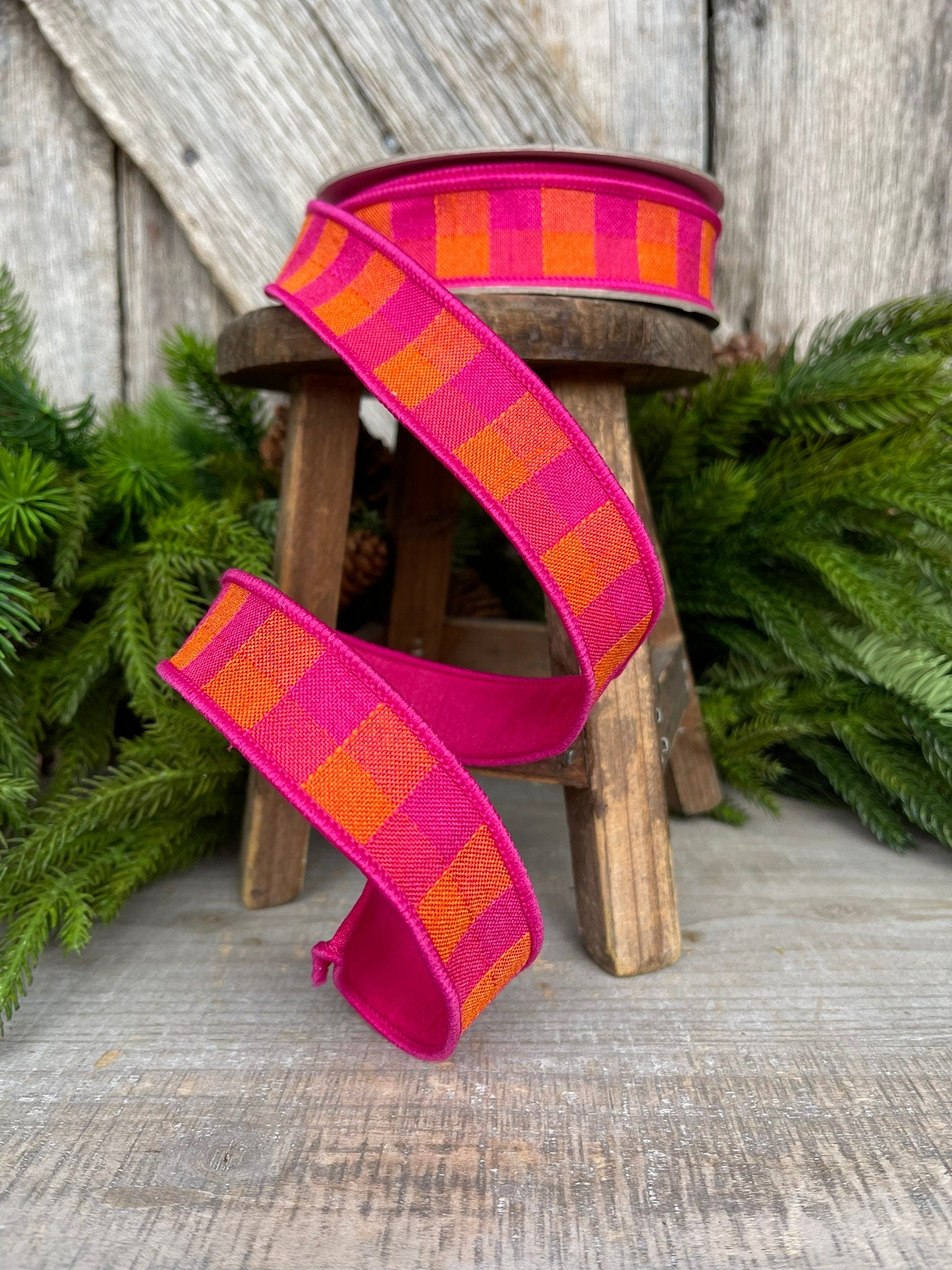 1" Hot Pink Orange Checks Stitchery Ribbon, Farrisilk Ribbon, Spring Ribbon