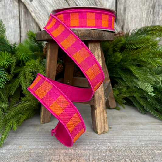 1" Hot Pink Orange Checks Stitchery Ribbon, Farrisilk Ribbon, Spring Ribbon