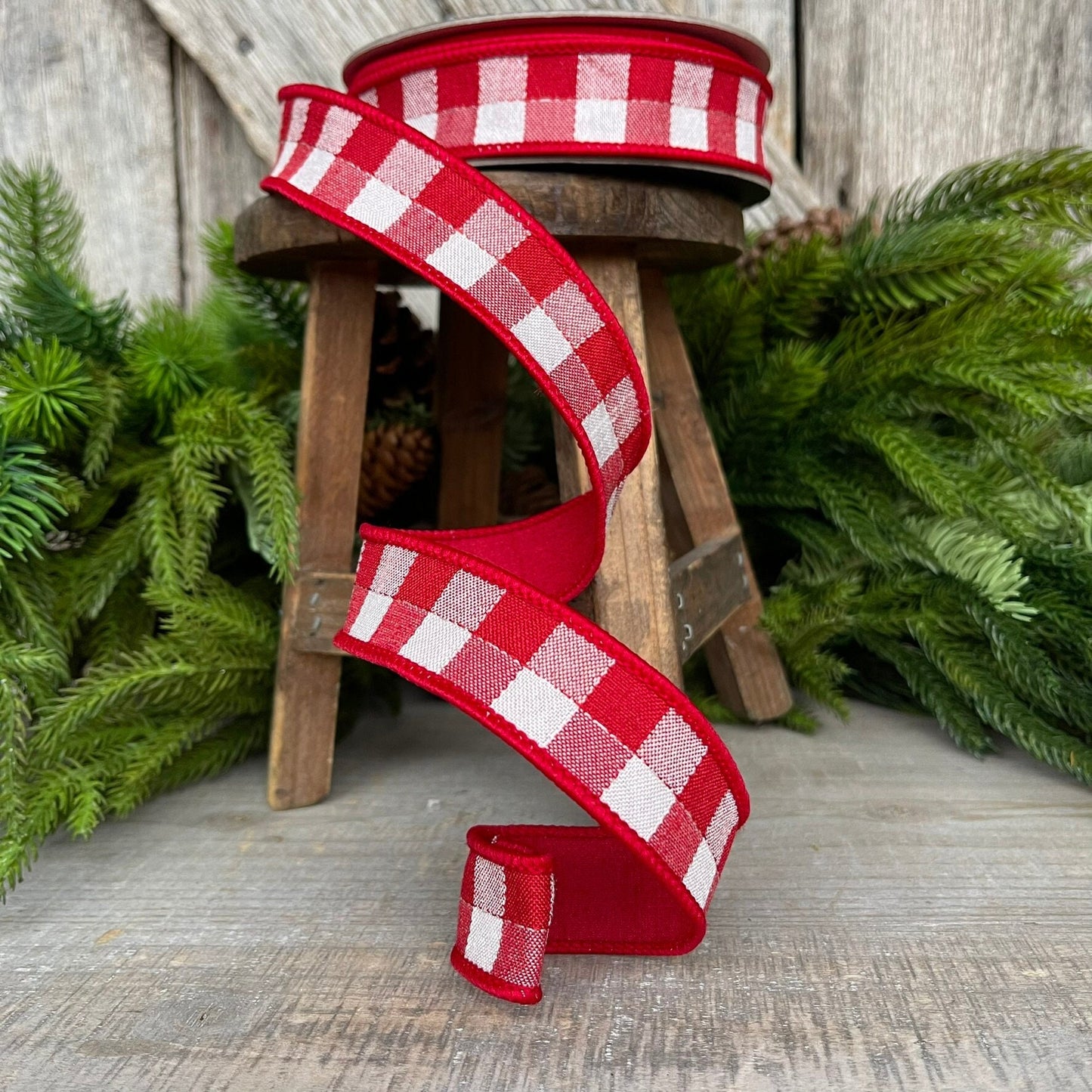 1" Red Checks Stitchery Ribbon, Farrisilk Ribbon, Red White Ribbon