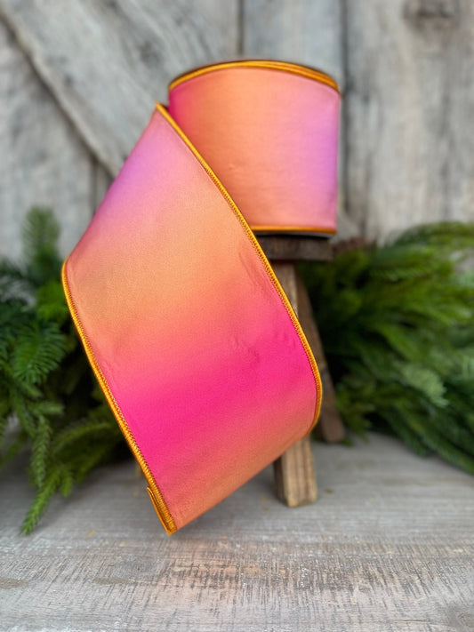 4" Pink Orange Prismatic Ribbon, Farrisilk RIbbon, Pink Wired RIbbon