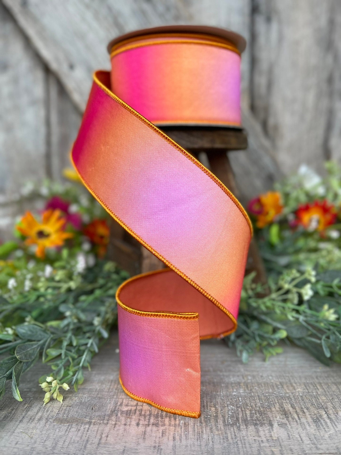 2.5" Pink Orange Prismatic Ribbon, Farrisilk RIbbon, Pink Wired RIbbon
