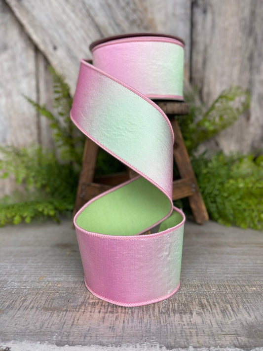2.5" Pink Green Prismatic Ribbon, Farrisilk RIbbon, Pink Wired RIbbon