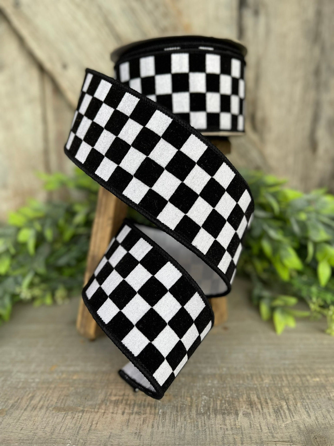 2.5" Black and White Retro Checks Ribbon, Farrisilk Ribbon, Flocked Ribbon,Halloween Ribbon