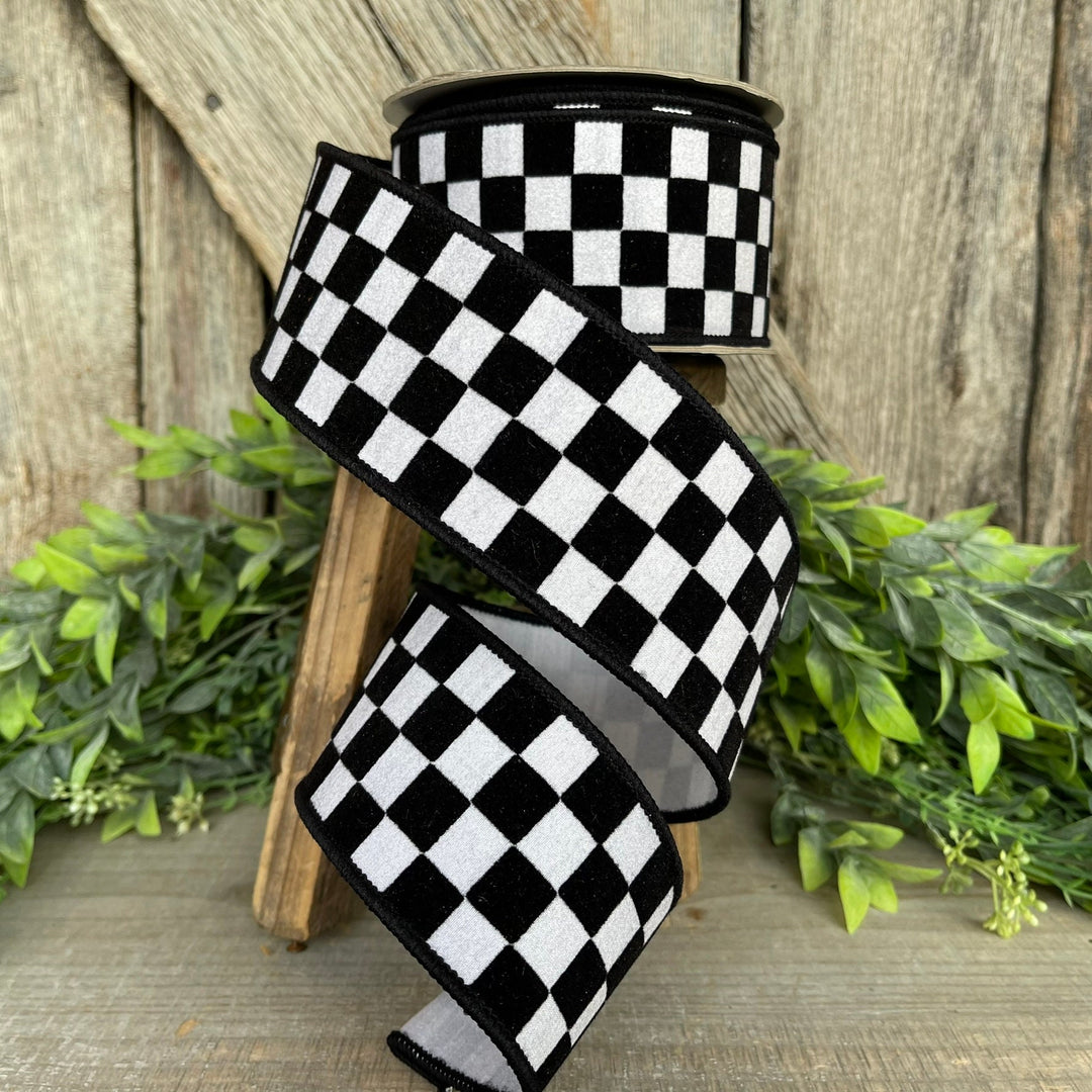 2.5" Black and White Retro Checks Ribbon, Farrisilk Ribbon, Flocked Ribbon,Halloween Ribbon