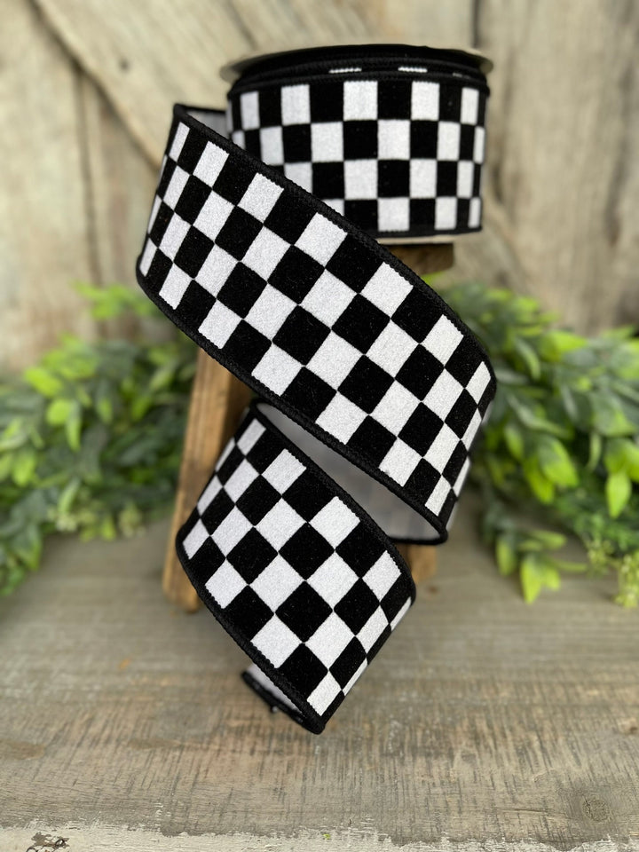 2.5" Black and White Retro Checks Ribbon, Farrisilk Ribbon