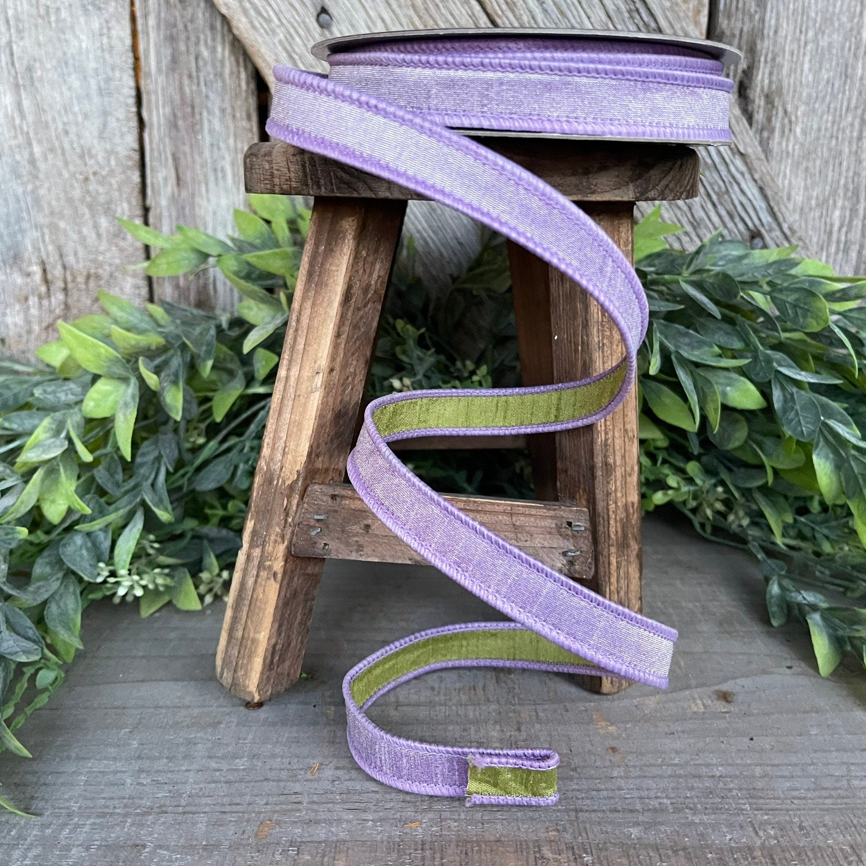 3/4” Lavender Green Ribbon, Farrisilk ribbon, wired ribbon