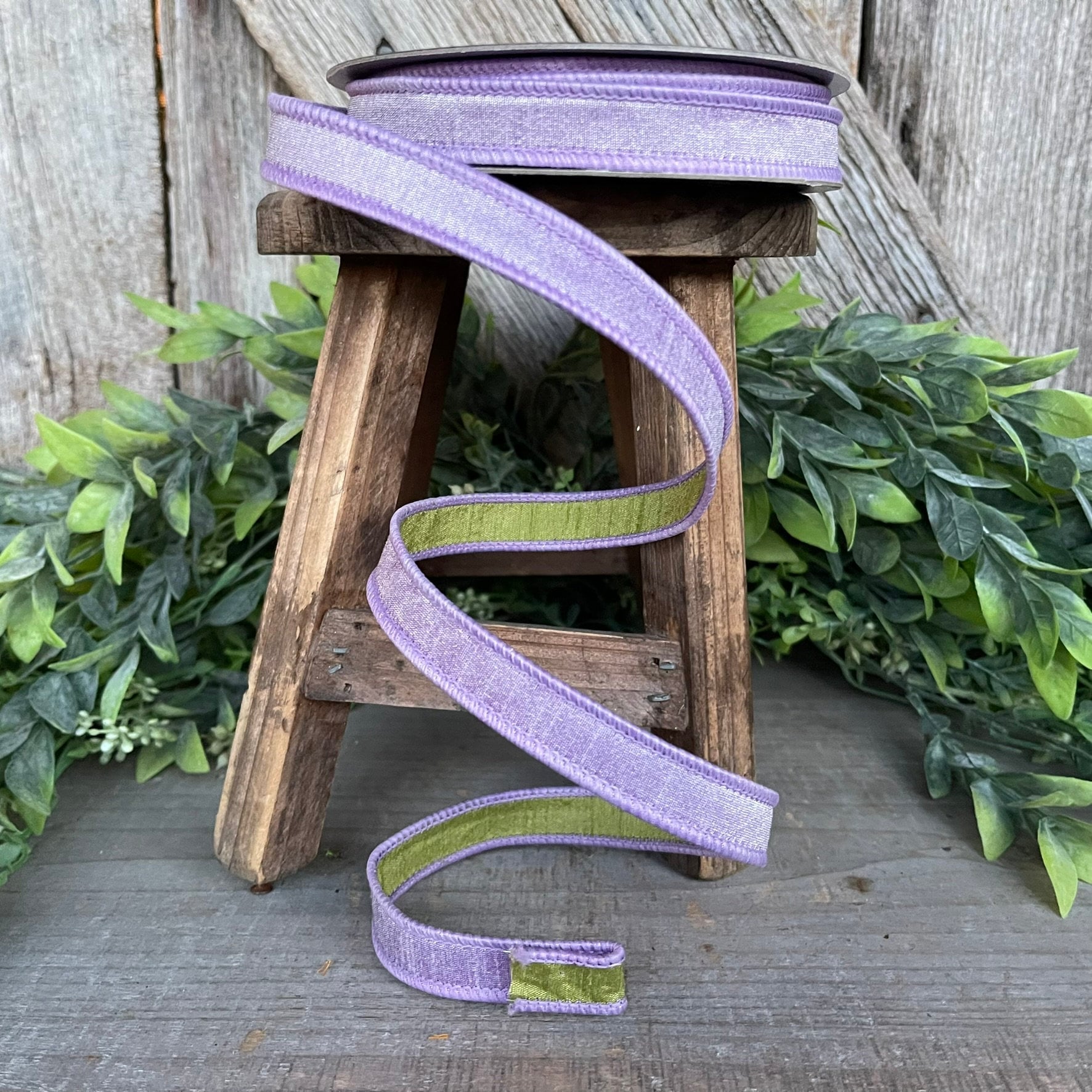 3/4” Lavender Green Ribbon, Farrisilk ribbon, wired ribbon