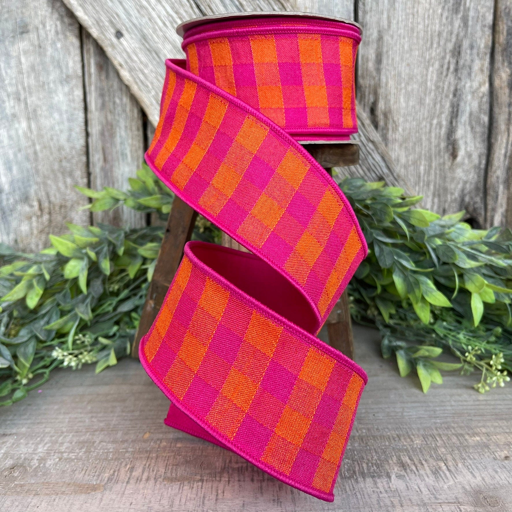 2.5" Hot Pink Orange Checks Stitchery Ribbon, Farrisilk Ribbon, Spring Ribbon