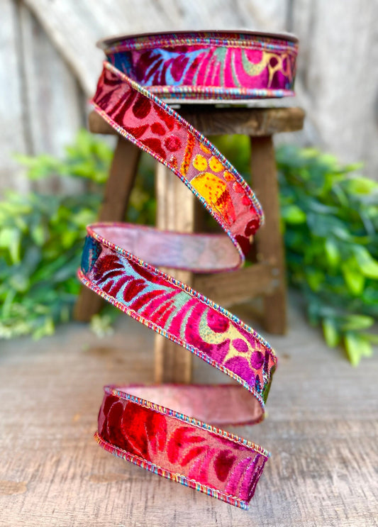 1" Rainbow Velvet Floral Ribbon, Farrisilk Ribbon, Far Out Floral