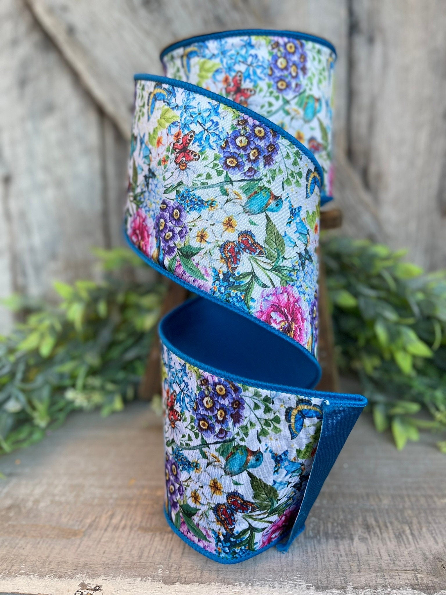 4" Blue Floral Garden Ribbon, Farrisilk Ribbon, Spring Ribbon