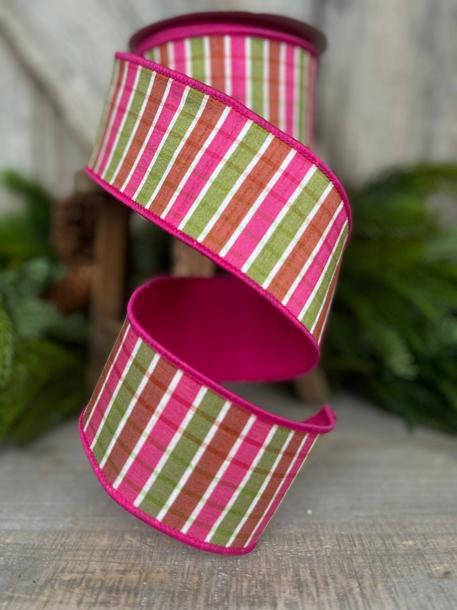2.5" Hot Pink Green Pastel Plaid, Farrisilk Ribbon