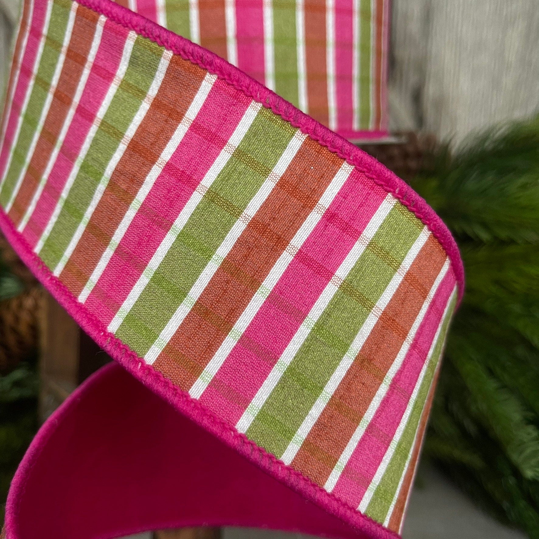 2.5" Hot Pink Green Pastel Plaid, Farrisilk Ribbon