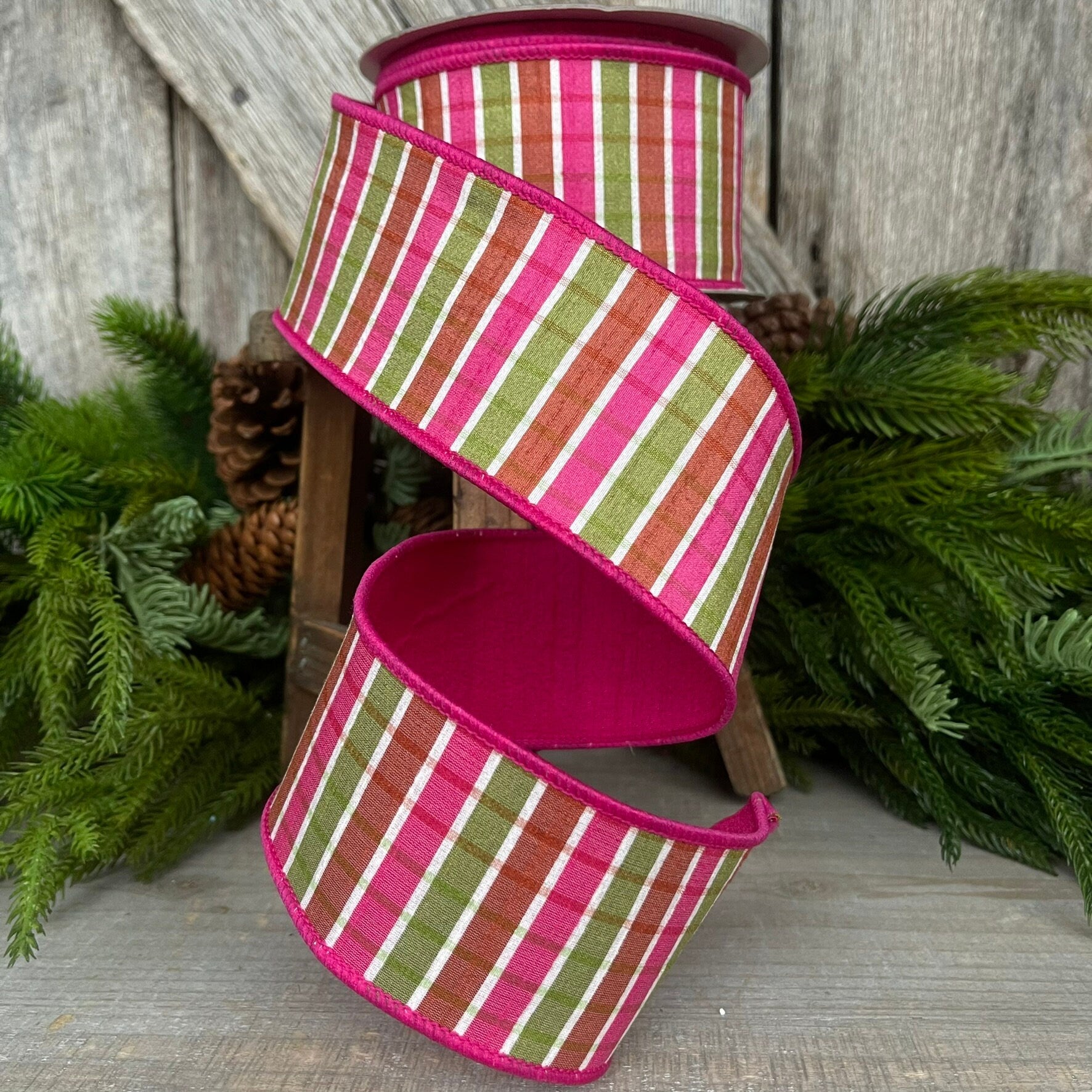 2.5" Hot Pink Green Pastel Plaid, Farrisilk Ribbon