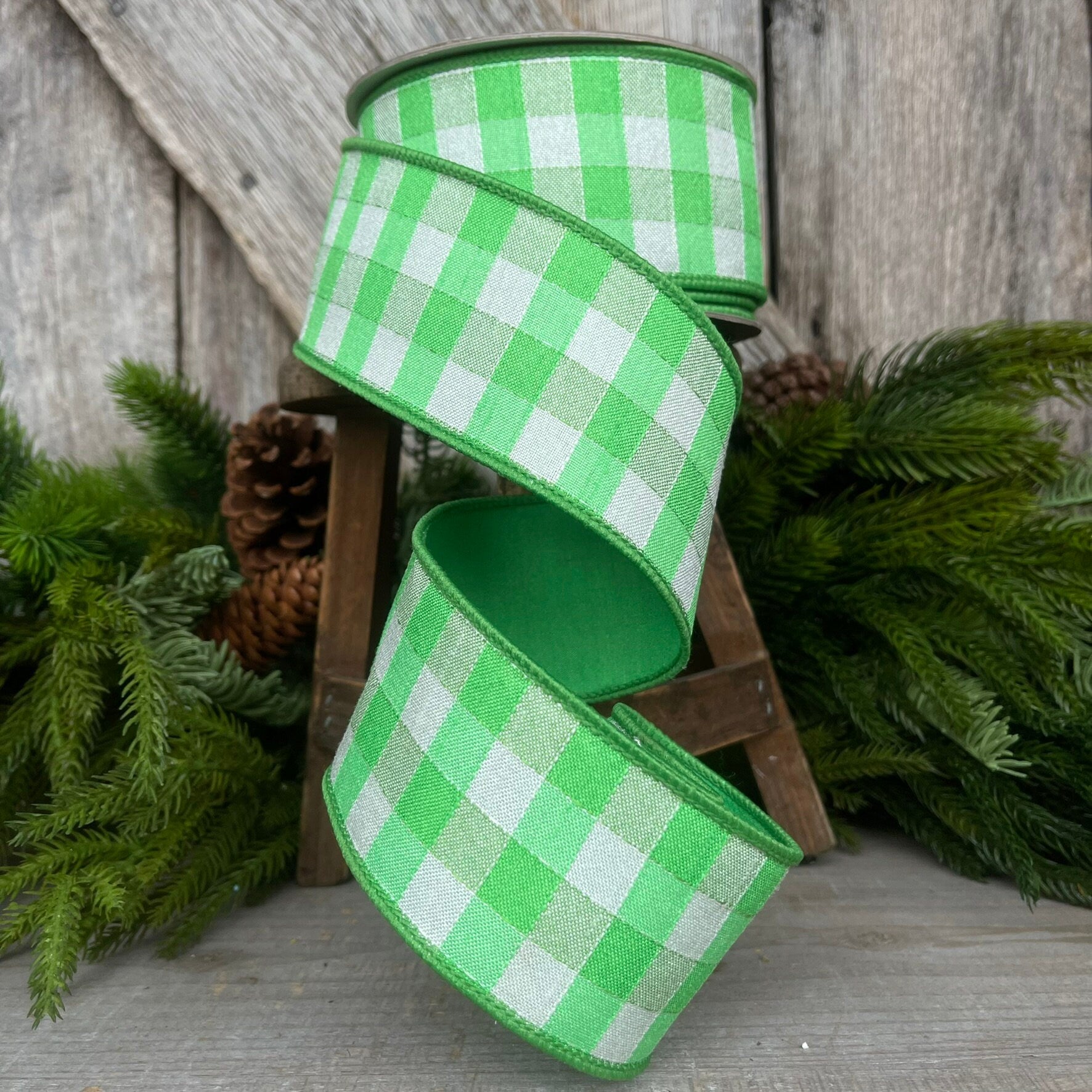 2.5" Green Plaid Stitchery Ribbon, Farrisilk Ribbon