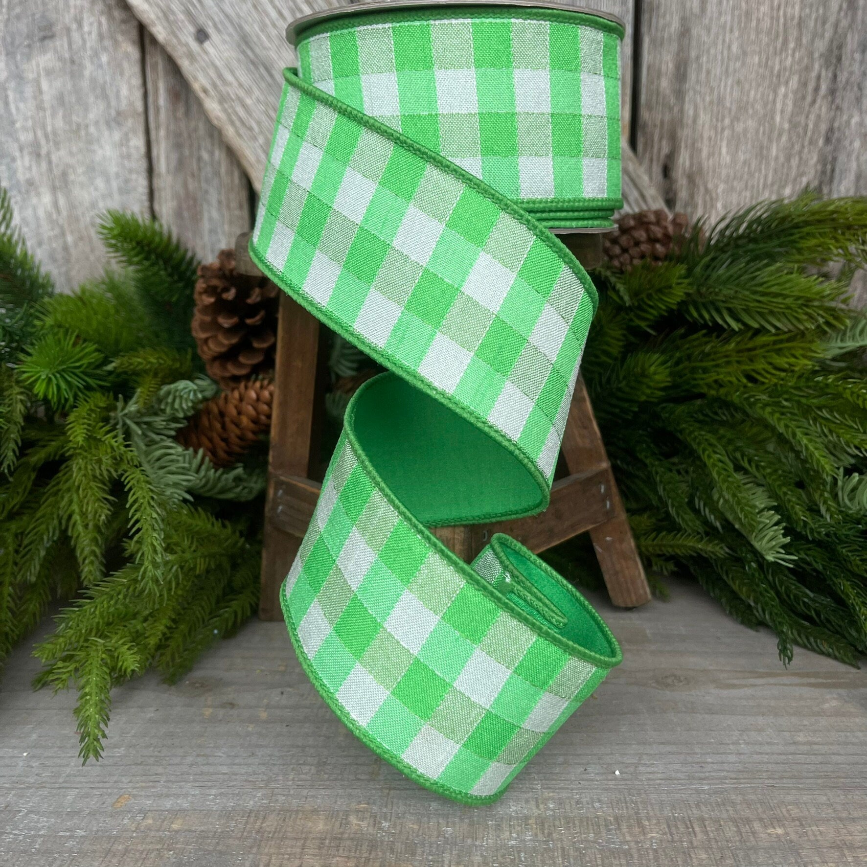 2.5" Green Plaid Stitchery Ribbon, Farrisilk Ribbon