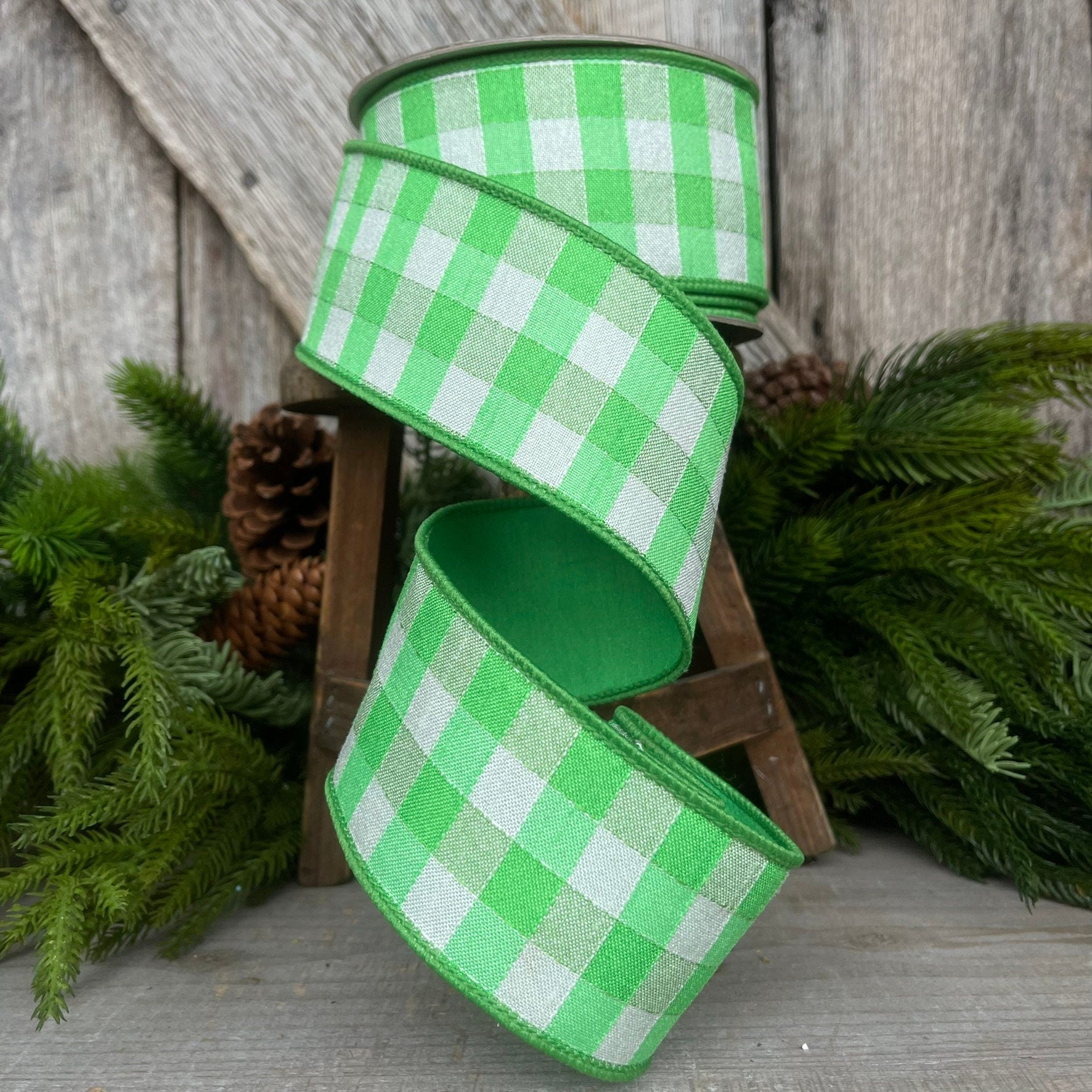 2.5" Green Plaid Stitchery Ribbon, Farrisilk Ribbon