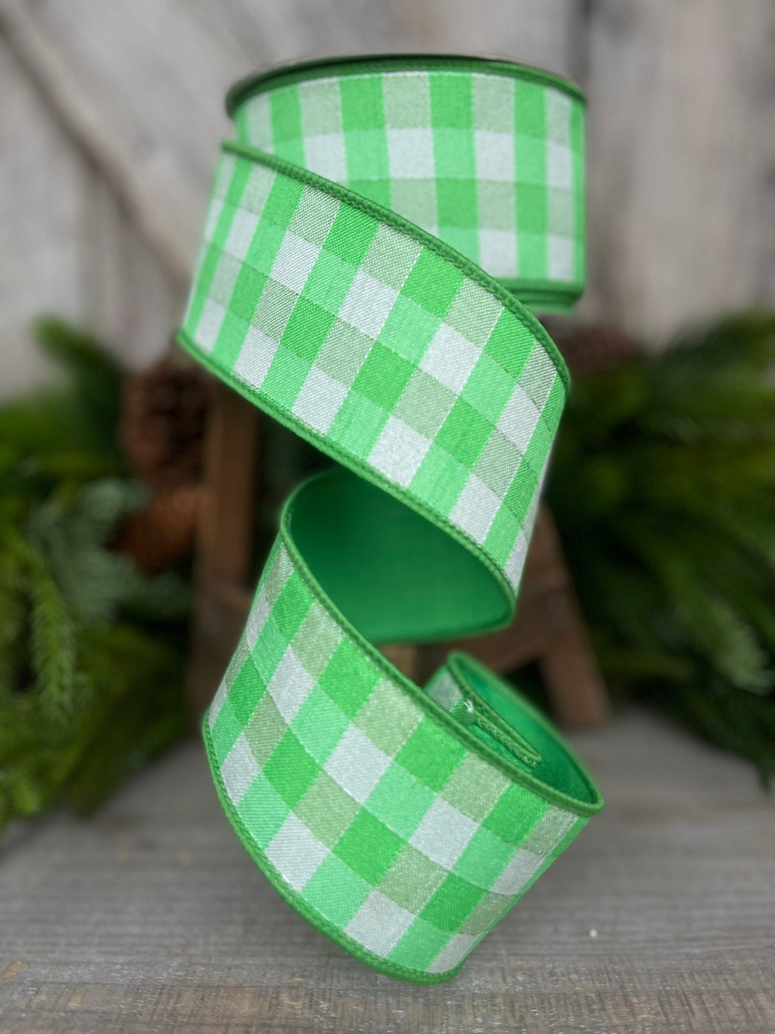 2.5" Green Plaid Stitchery Ribbon, Farrisilk Ribbon