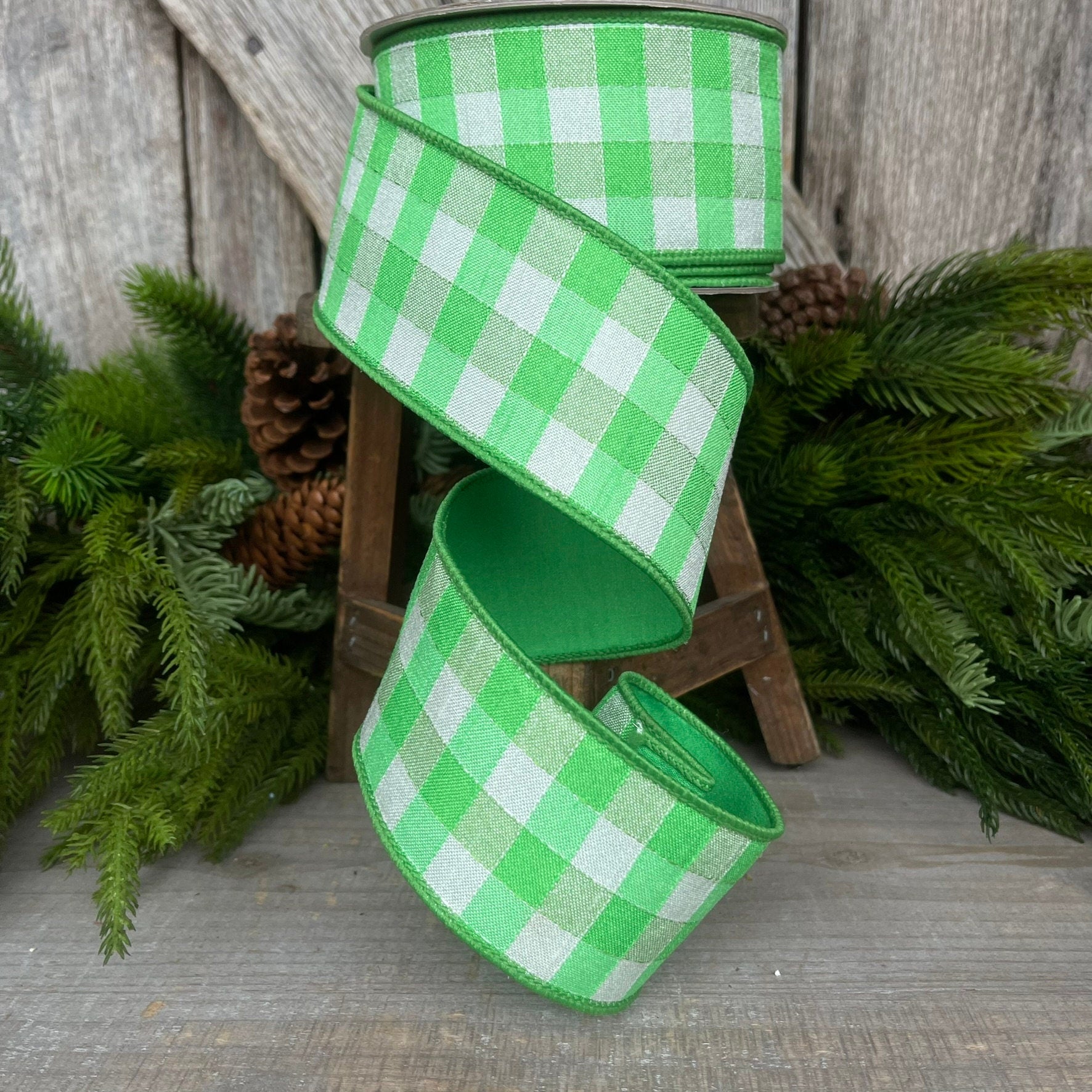 2.5" Green Plaid Stitchery Ribbon, Farrisilk Ribbon