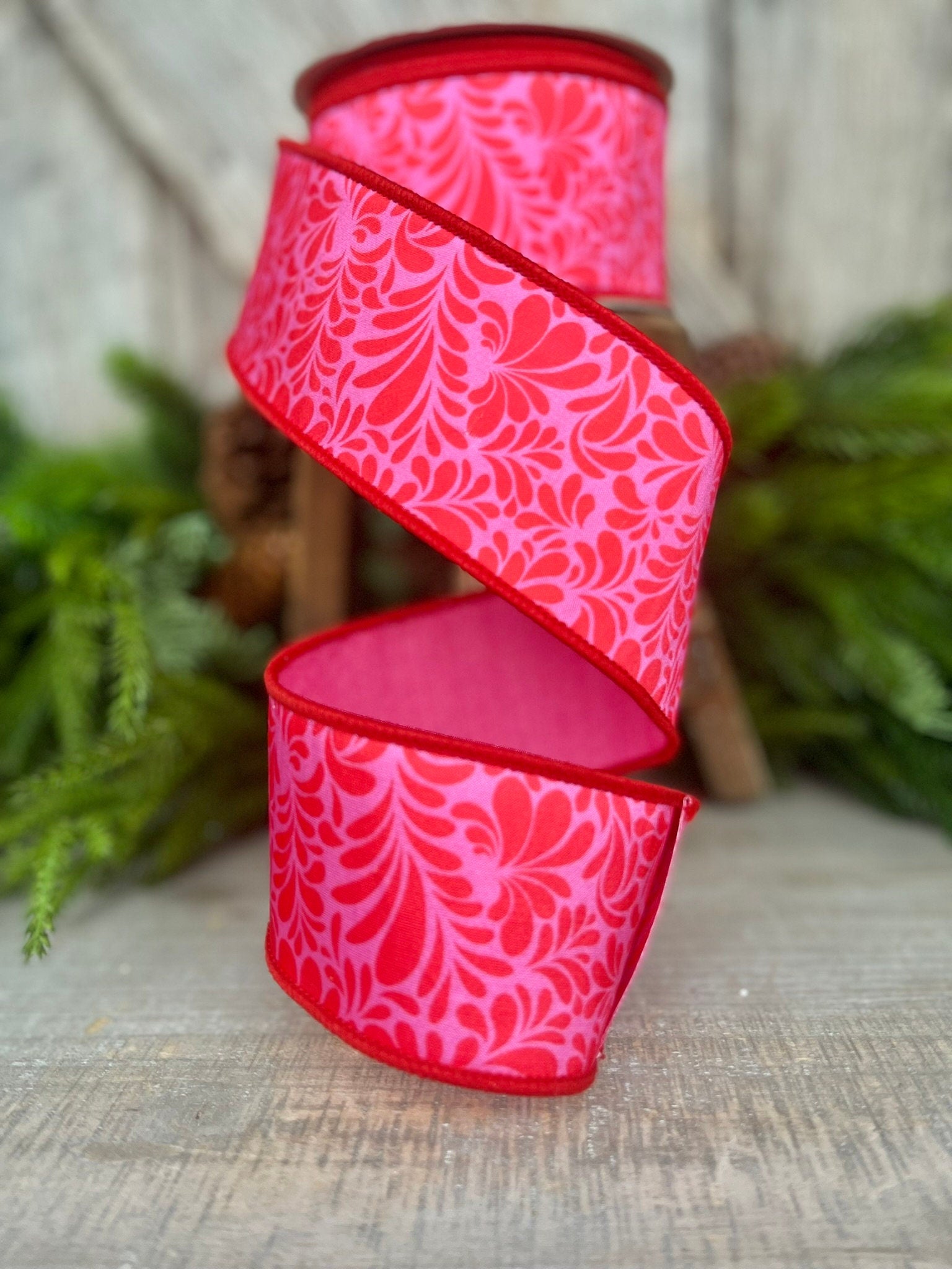 2.5" Red Pink Mod Paisley Ribbon, Farrisilk Ribbon, Spring Ribbon
