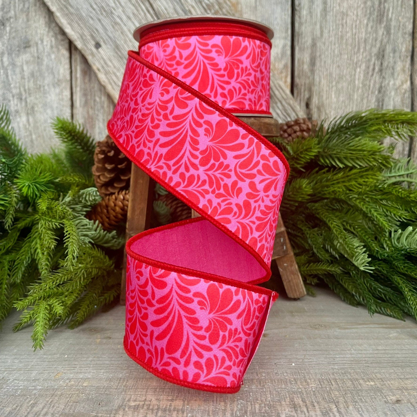 2.5" Red Pink Mod Paisley Ribbon, Farrisilk Ribbon, Spring Ribbon