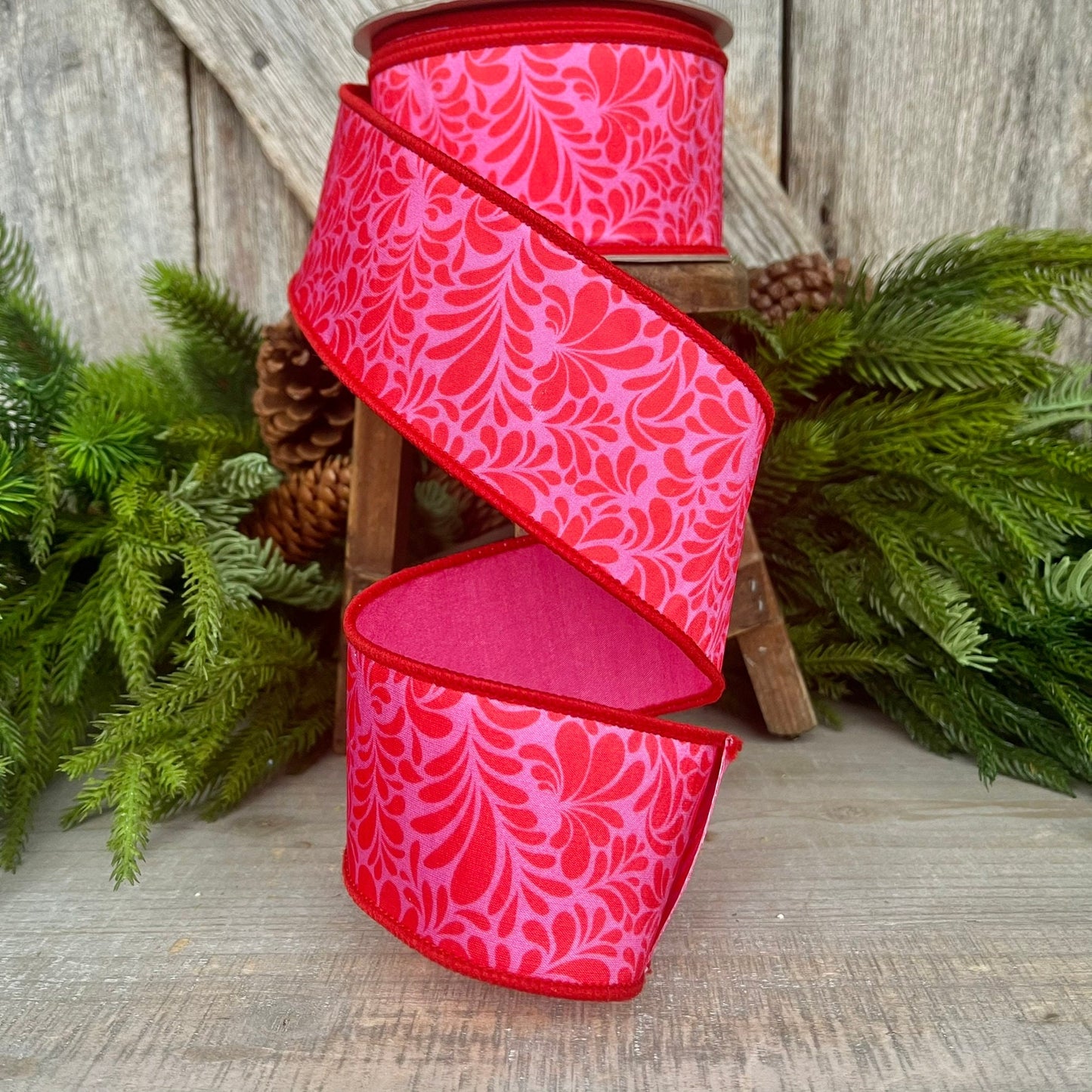 2.5" Red Pink Mod Paisley Ribbon, Farrisilk Ribbon, Spring Ribbon