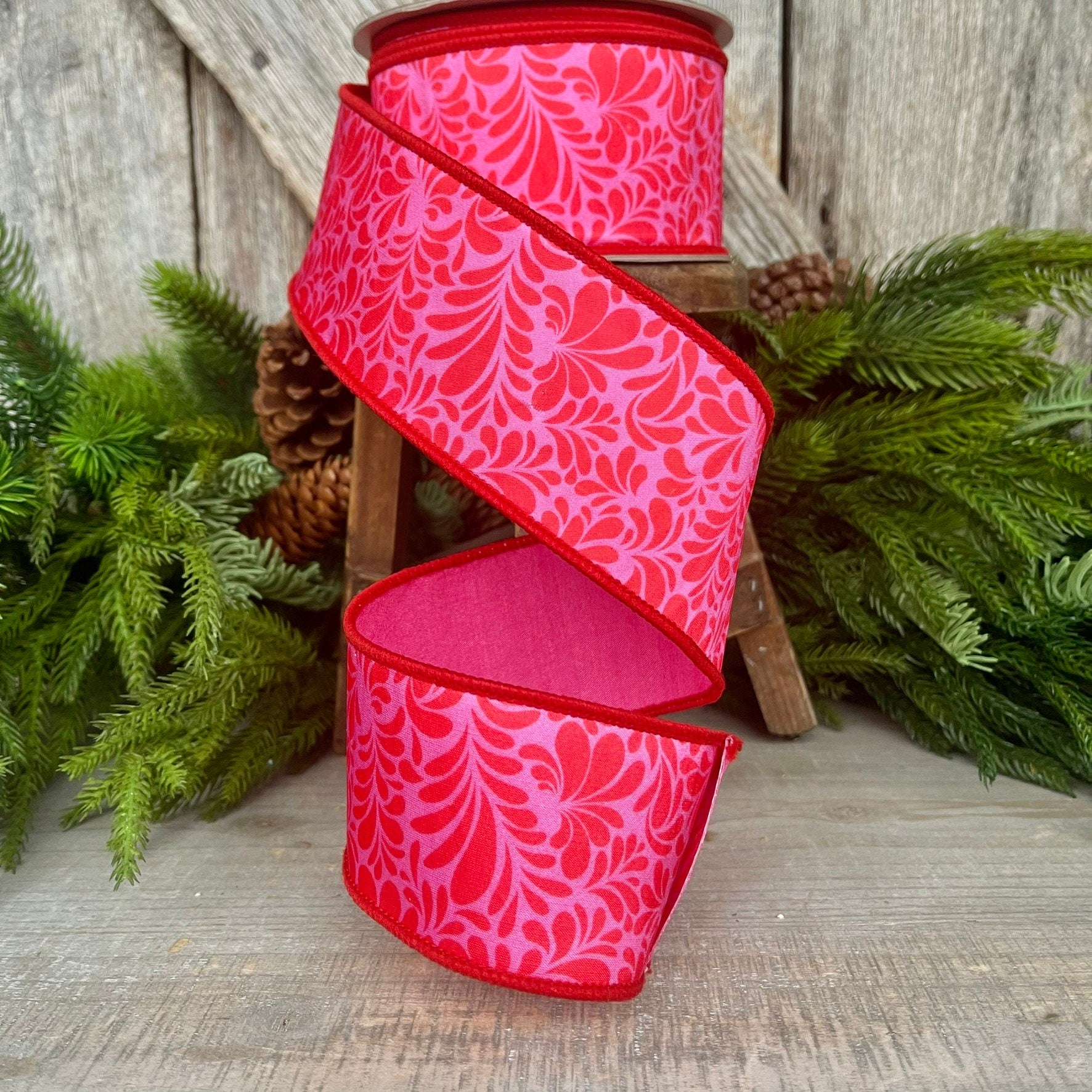 2.5" Red Pink Mod Paisley Ribbon, Farrisilk Ribbon, Spring Ribbon