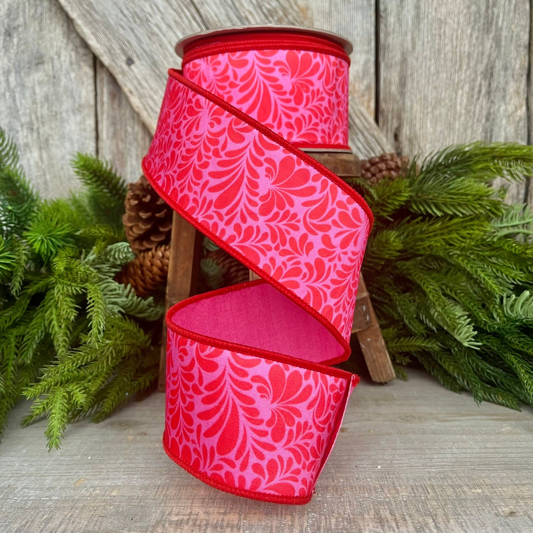 2.5" Red Pink Mod Paisley Ribbon, Farrisilk Ribbon, Spring Ribbon