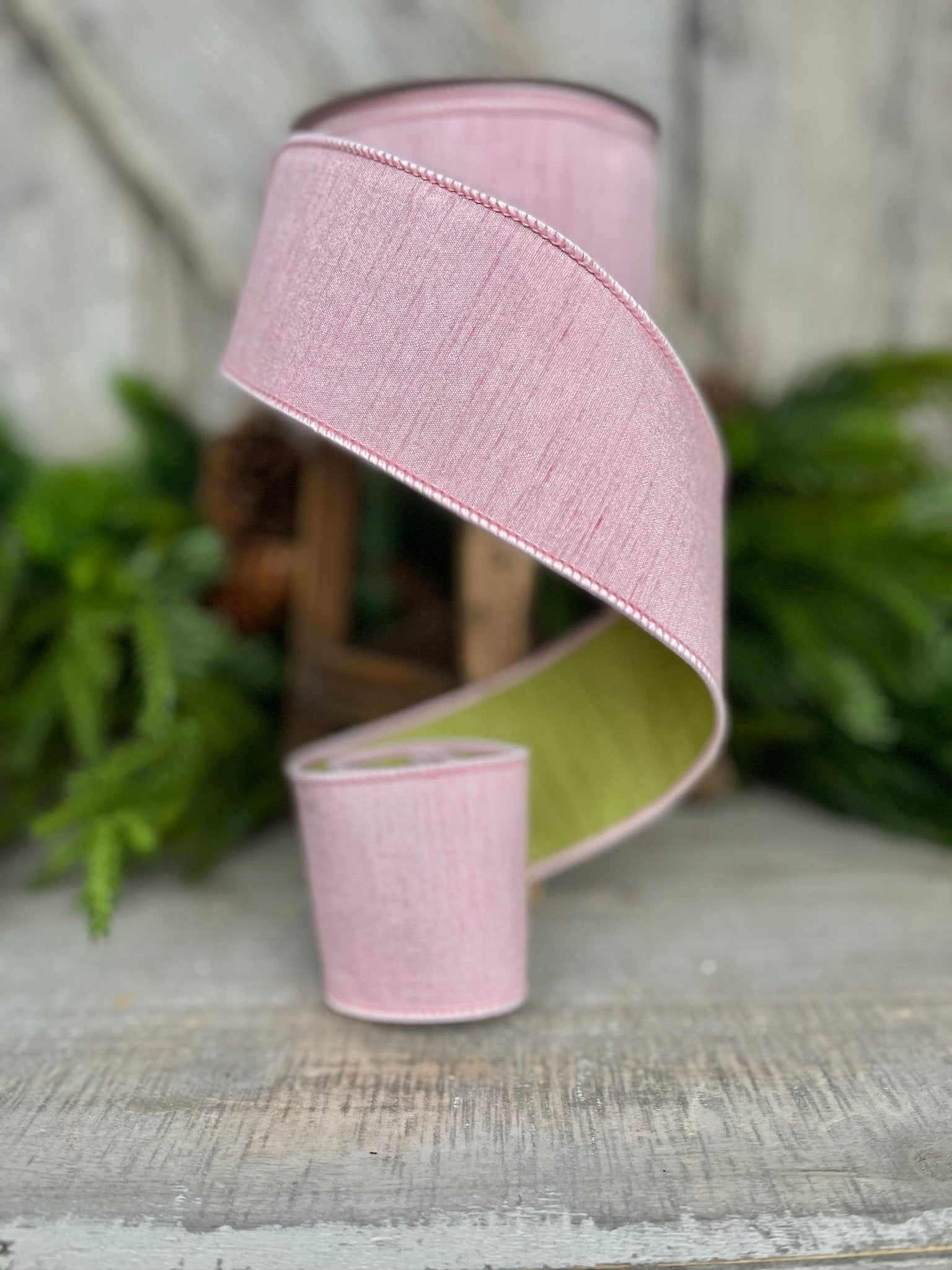 2.5" Rose Pink Spring Greenery Ribbon,Farrisilk Ribbon, Light Pink Green Ribbon