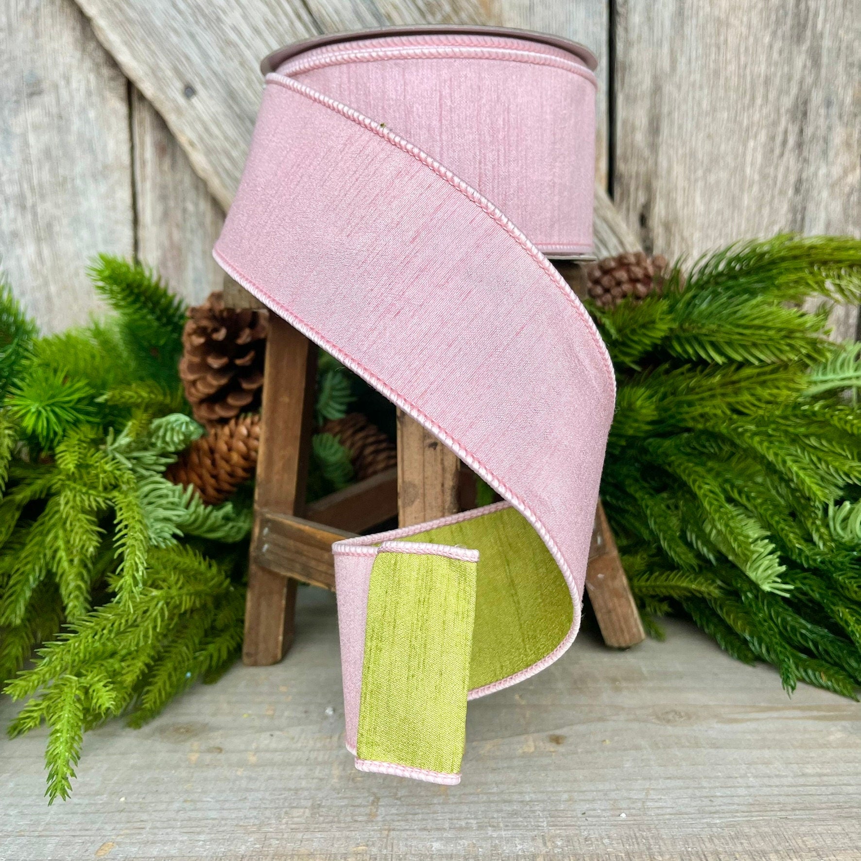 2.5" Rose Pink Spring Greenery Ribbon,Farrisilk Ribbon, Light Pink Green Ribbon