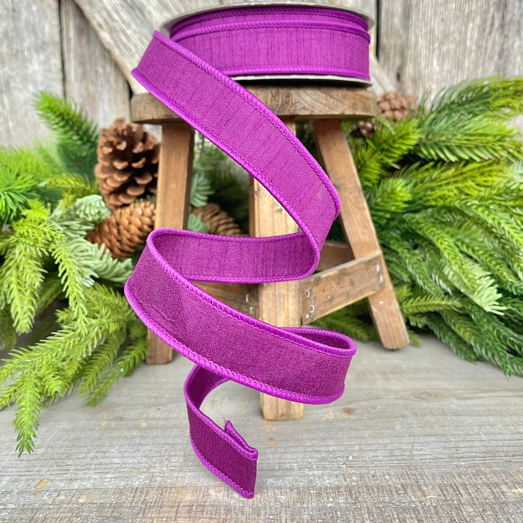 1” Purple Dupion Ribbon, Farrisilk ribbon, wired ribbon