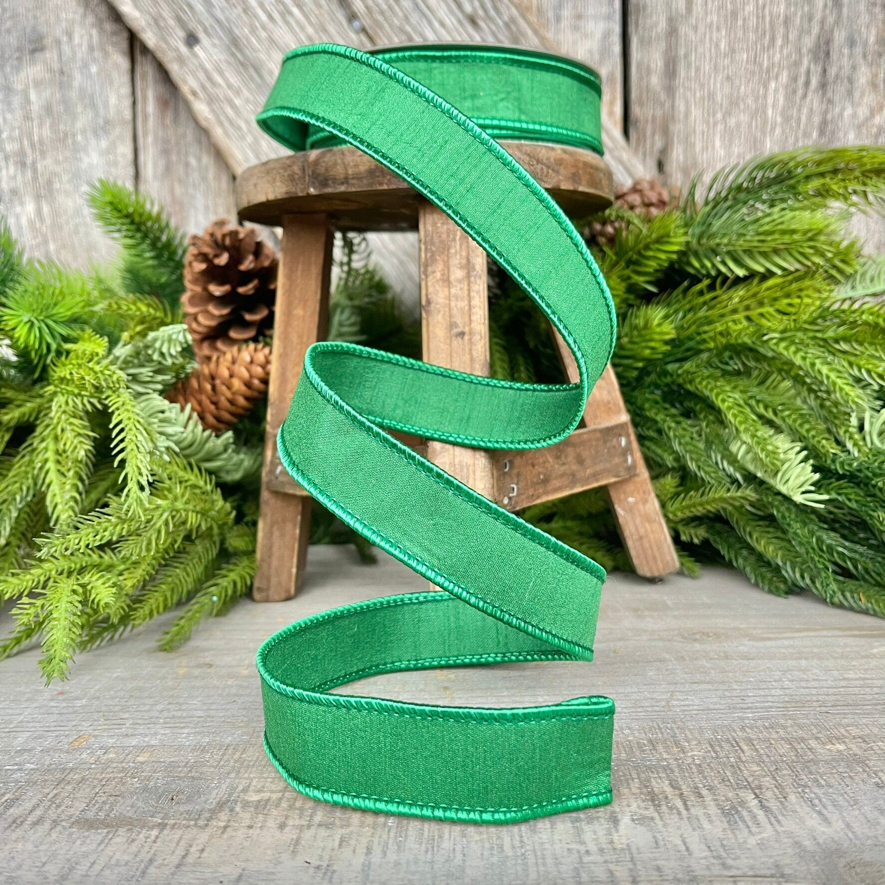 1" Emerald Green Dupion Ribbon, Farrisilk Ribbon, Wired Ribbon