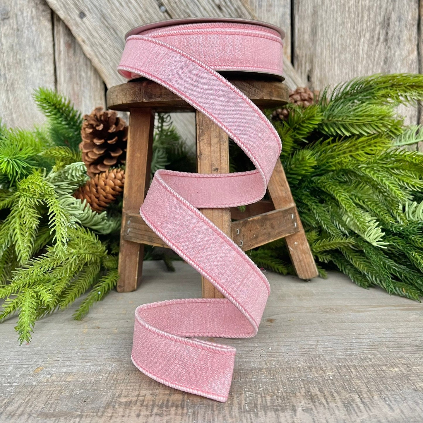 1” Rose Pink Dupion Ribbon, Farrisilk ribbon, wired ribbon