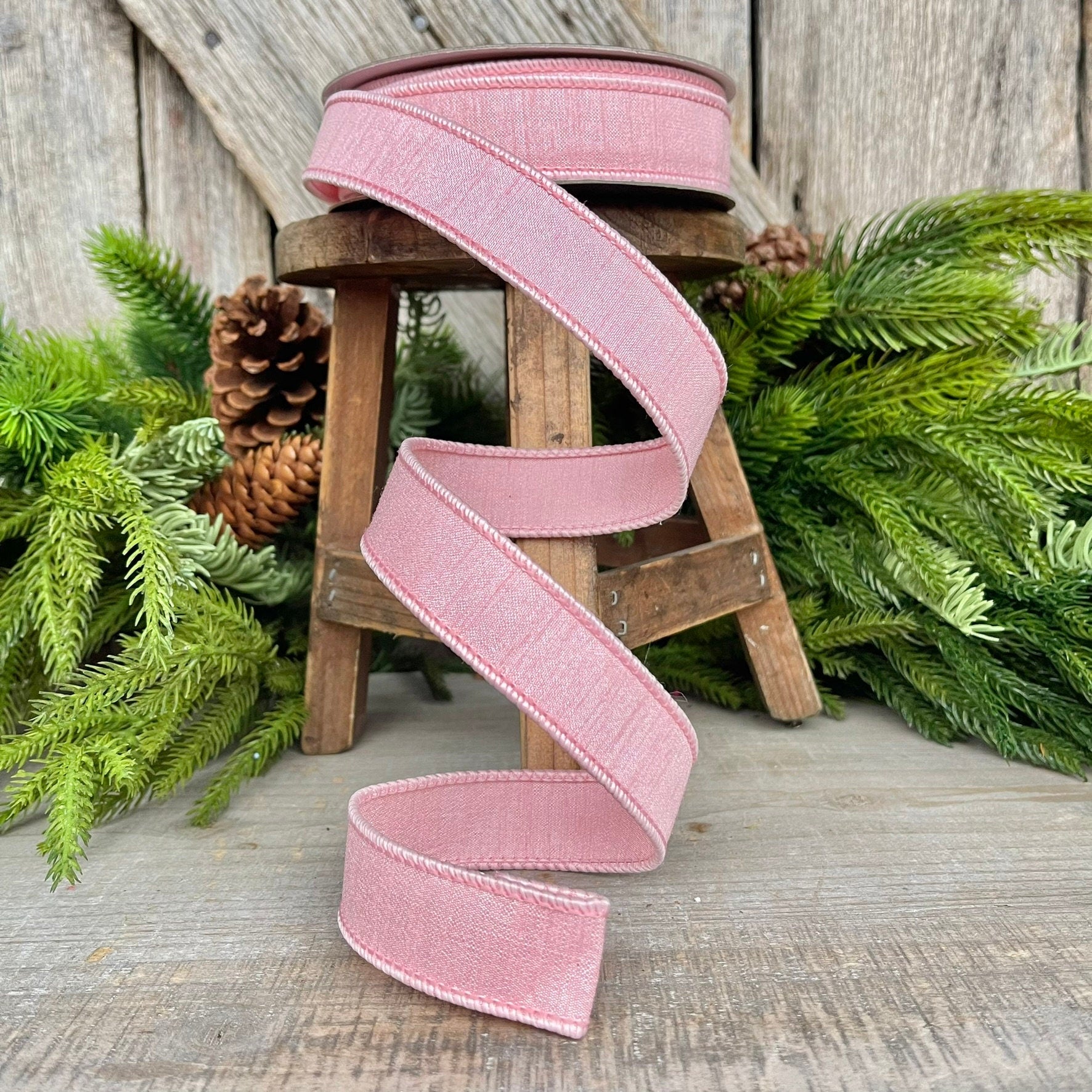 1” Rose Pink Dupion Ribbon, Farrisilk ribbon, wired ribbon