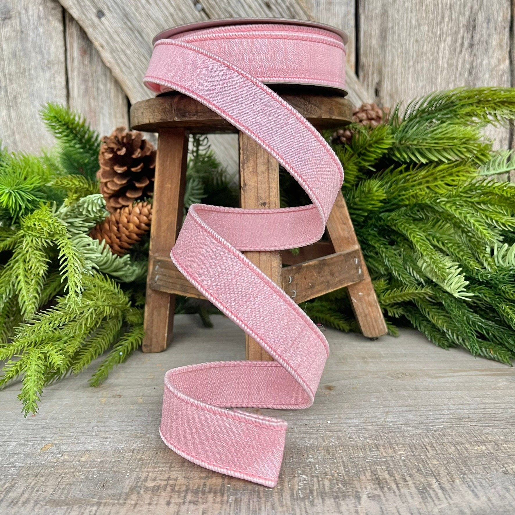 1” Rose Pink Dupion Ribbon, Farrisilk ribbon, wired ribbon