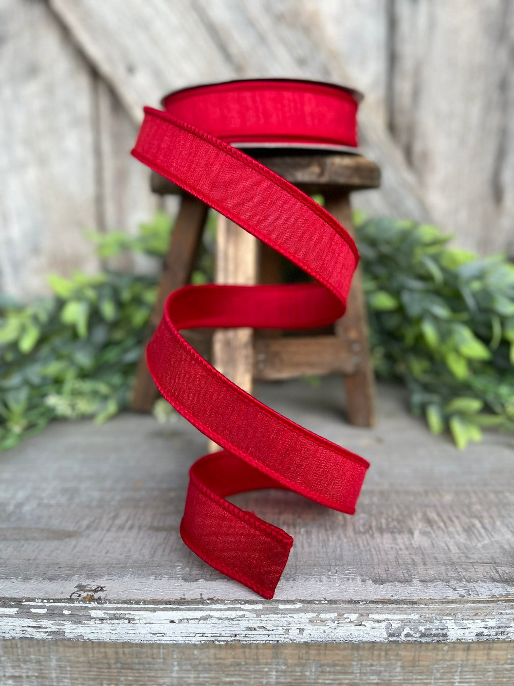 1” Red Dupion Ribbon, Farrisilk ribbon, wired ribbon