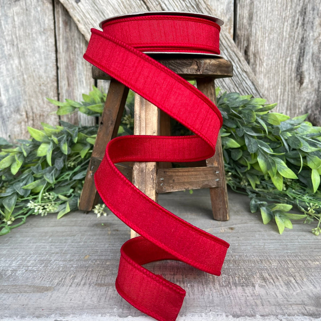 1” Red Dupion Ribbon, Farrisilk ribbon, wired ribbon