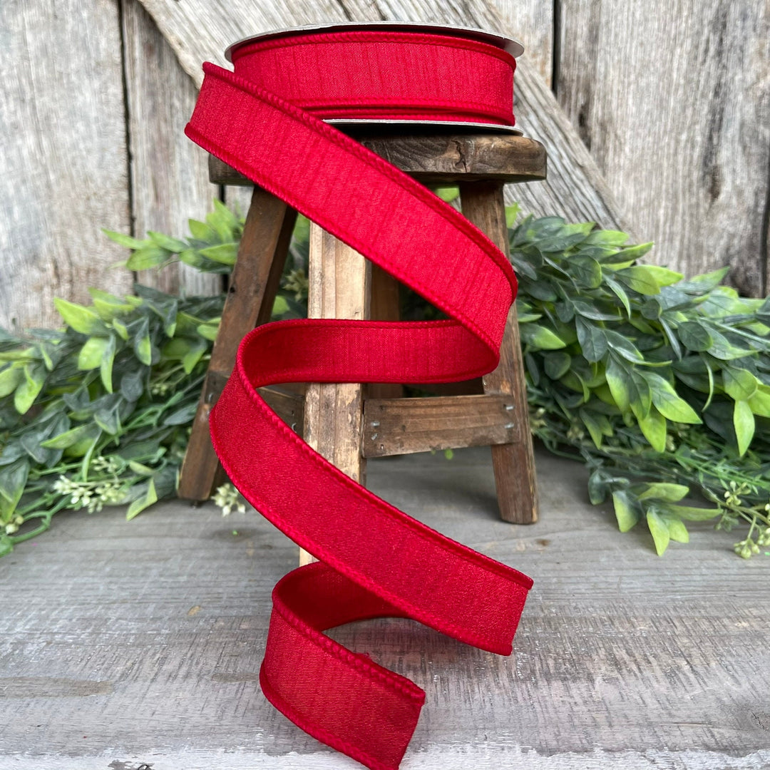 1” Red Dupion Ribbon, Farrisilk ribbon, wired ribbon