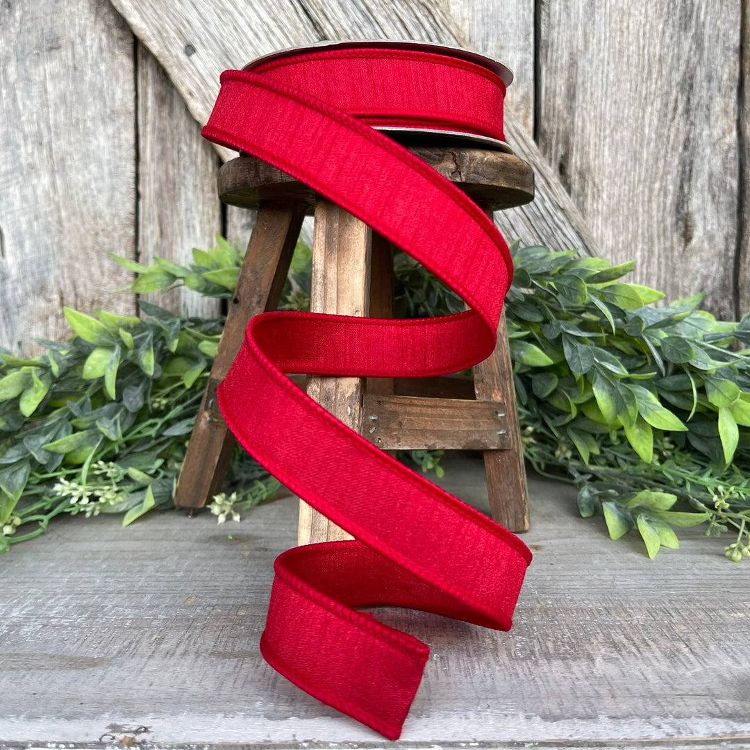 1” Red Dupion Ribbon, Farrisilk ribbon, wired ribbon