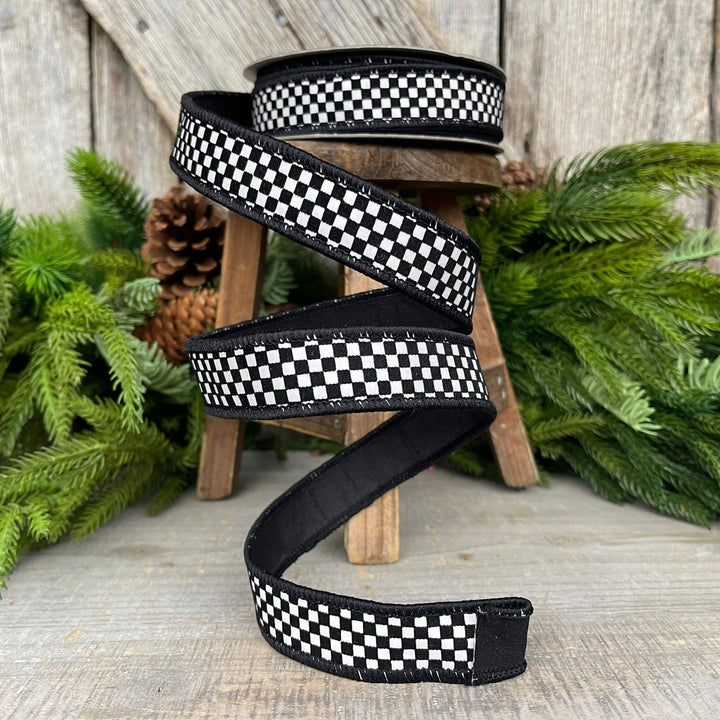 Black &amp; White Checkered Wired Ribbon - Farrisilk Designer Ribbon, 1 Inch