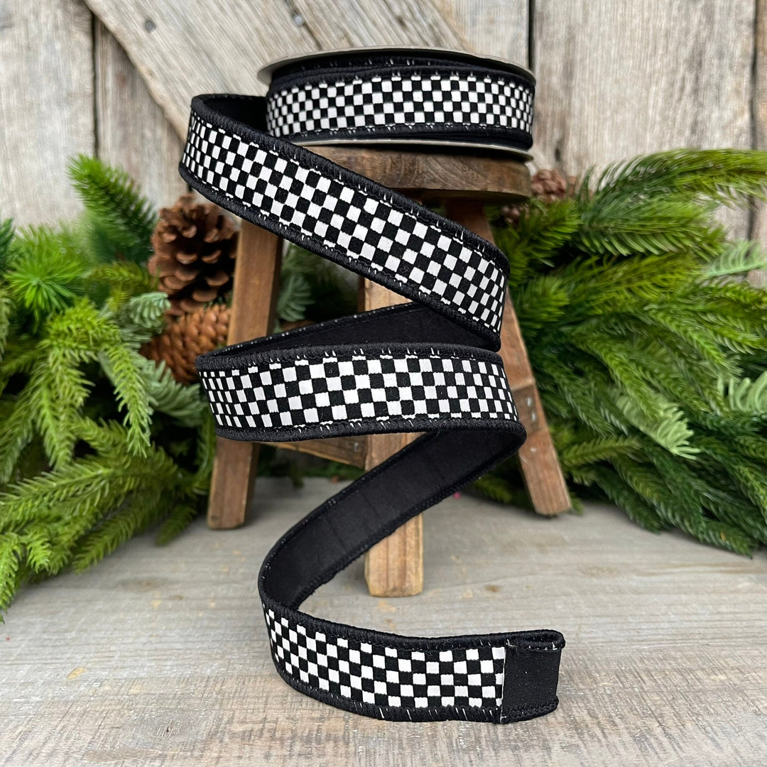Black &amp; White Checkered Wired Ribbon - Farrisilk Designer Ribbon, 1 Inch