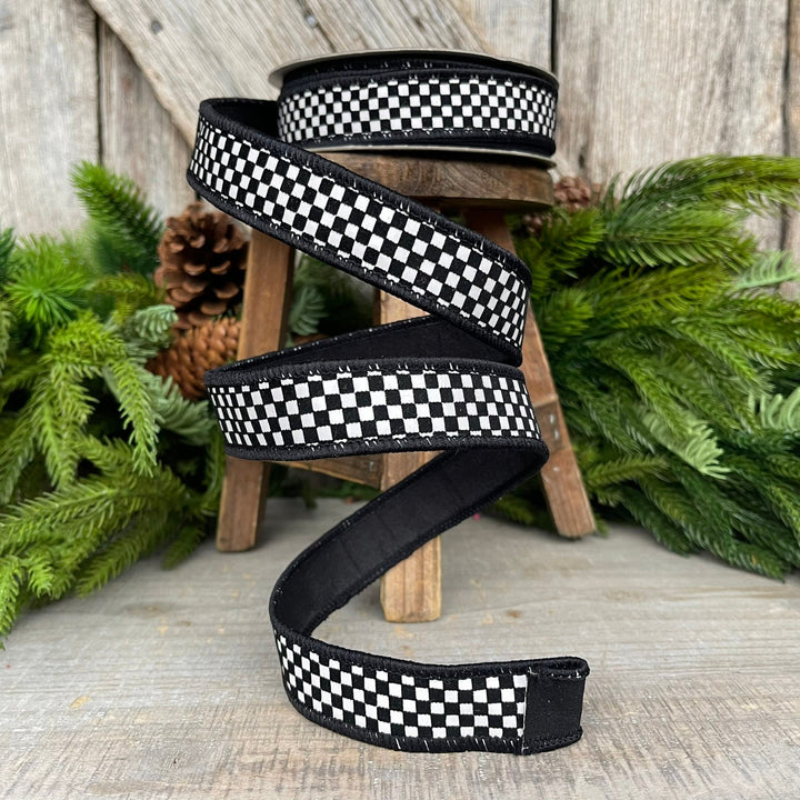 Black &amp; White Checkered Wired Ribbon - Farrisilk Designer Ribbon, 1 Inch