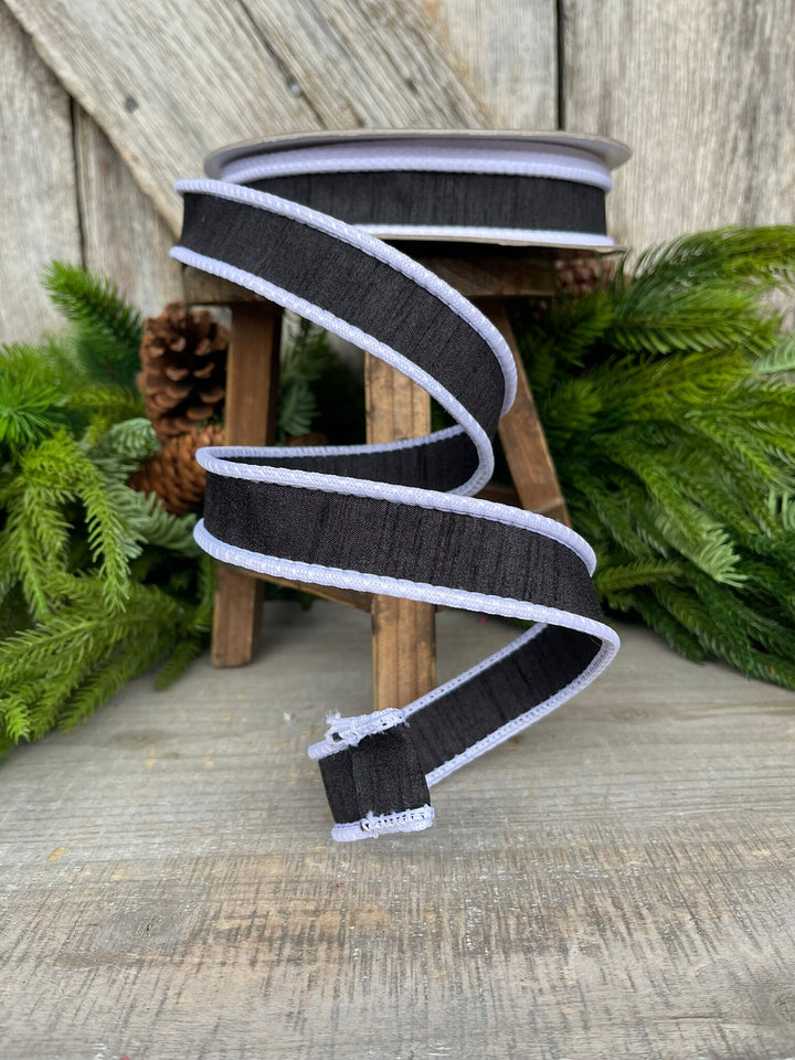 1" Black White Corded Ribbon, Farrisilk Ribbon, Wired Ribbon